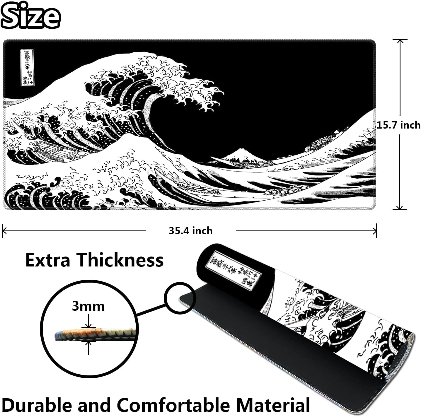 Dark Wave Large Gaming Mouse Pad (35.4×15.7 in, 3mm Thick), Non-Slip Rubber Base and Reinforced Lock Edges, XXL Extended Mousepad for Work, Game, Desk mat, Desktop Decoration