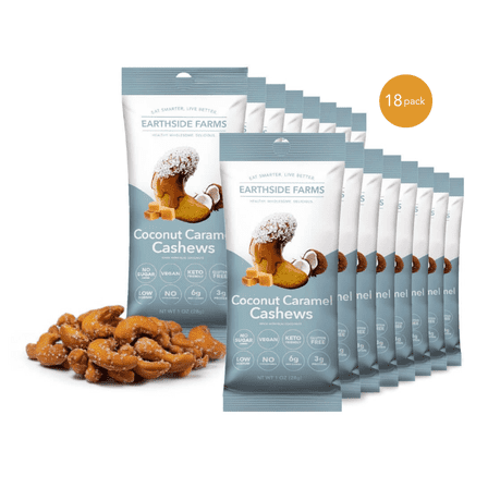 Earthside Farms Coconut Caramel Cashews, Healthy, Vegan, Gluten-Free, Low Carb Foods, Low Calorie Snacks, Keto-friendly foods - 1  Ounce Pack of 18