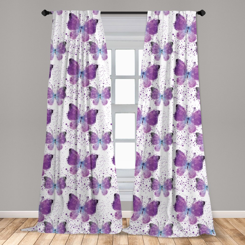 Butterfly Curtains 2 Panels Set, Surreal Star Patterned Background with Polygonal Butterflies