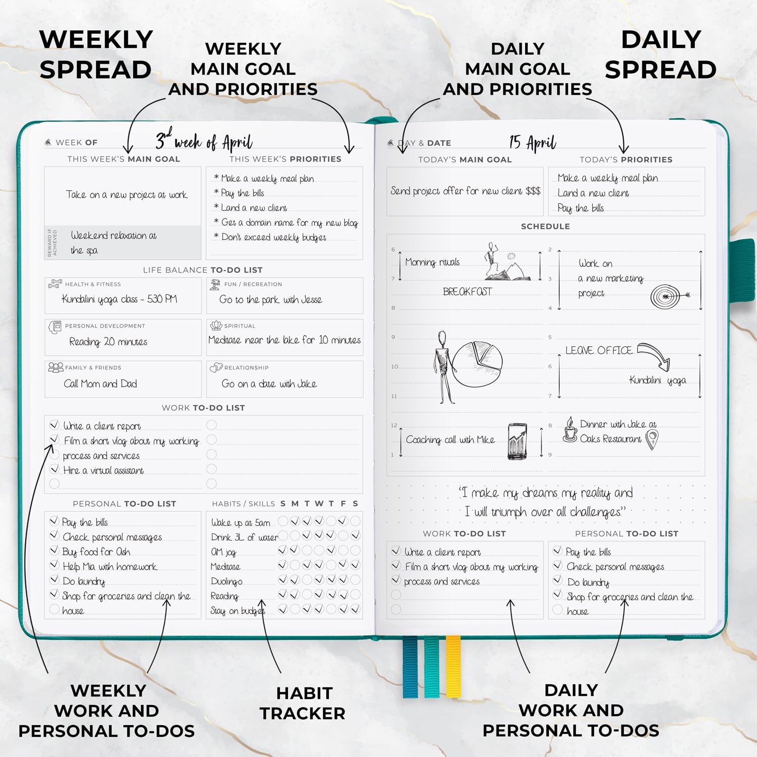 Clever Fox Planner Daily Premium Edition - Undated Luxurious Daily Planner with Hourly Schedule, Personal Organizer, Productivity & Goal Journal, Start Anytime, A5-sized, Lasts 6 Months - Viridian