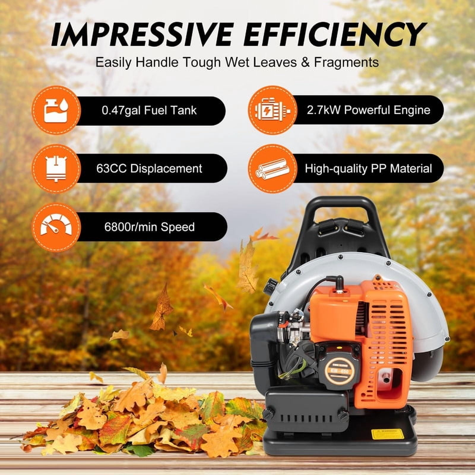 Backpack Leaf Blower, 63CC 2 Stroke Leaf Blower with Fuel Tank, 665 CFM Air Volume 205 MPH Speed, Ideal for Lawn Care, Leaf Cleaning, and Snow Removal