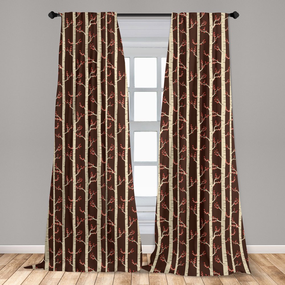 Forest Curtains 2 Panels Set, Abstract Pattern with Birch Trees in