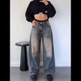 thumbnail image 4 of Pantalones Vaqueros de Pierna para Mujer, Desgastados, de Cintura Media, Estilo Vintage Y2K. Azul Retro M, 4 of 7