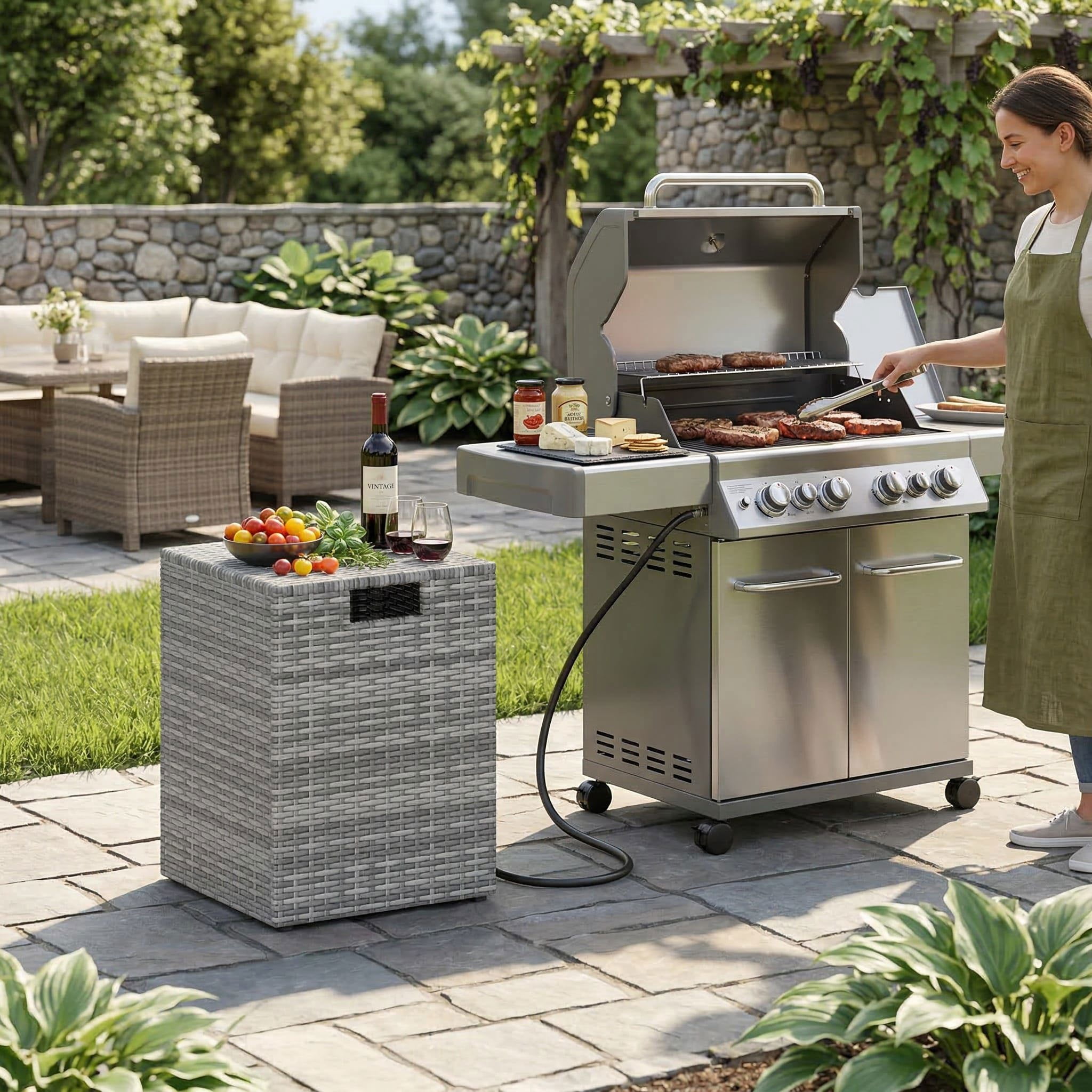 Resenkos Weather Resistant PE Rattan Propane Tank Cover, Multiuse Patio Side Table and Gas Tank Hideaway for Garden and Balcony, Gray