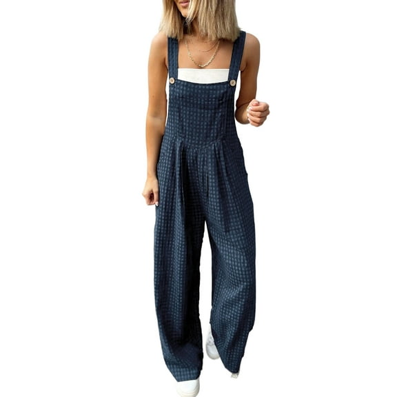 Women's Sail Blue Plaid Print Buttoned Pocketed High Waist Overall Jumpsuit | [ZhiHiMeRi] | (US 12-14)L