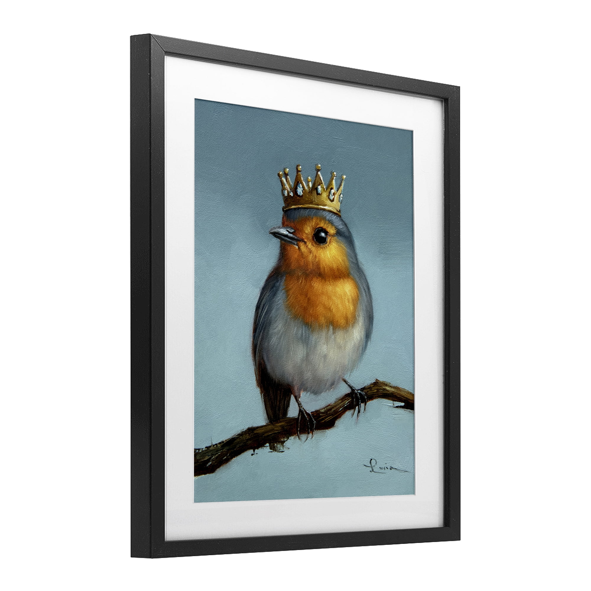 Royal Robin Perched Black Framed Print Under Glass, design by Lucia Heffernan