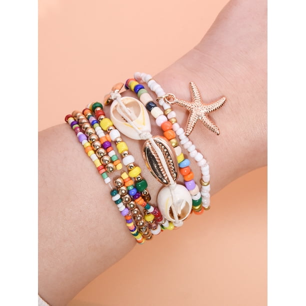Nvzi Pulseras de conchas Pulseras de conchas marinas con cuentas en capas Pulseras de conchas apilables coloridas Pulseras de estrellas de mar Accesorios de joyería, Multicolor