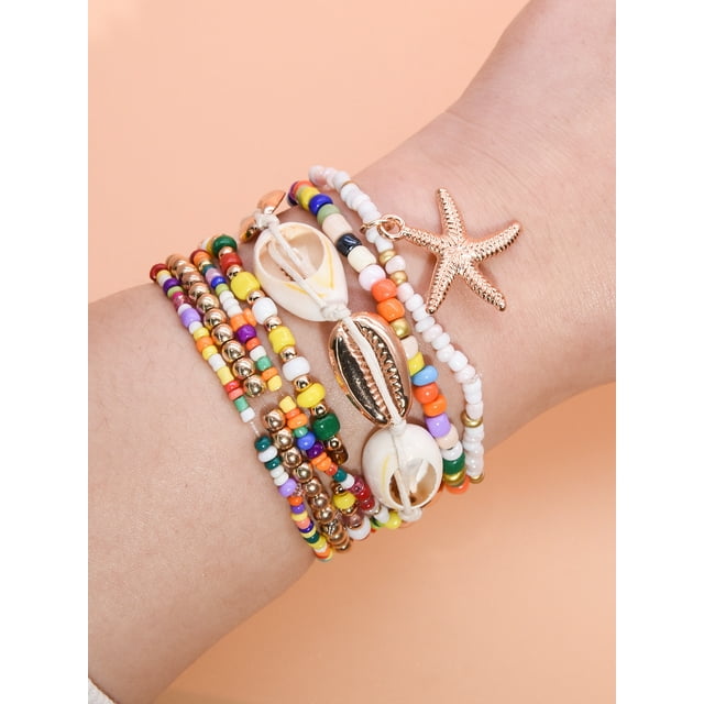 Nvzi Pulseras de conchas Pulseras de conchas marinas con cuentas en capas Pulseras de conchas apilables coloridas Pulseras de estrellas de mar Accesorios de joyería, Multicolor