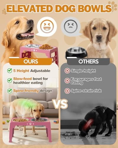 Elevated Dog Bowls, Dog Feeder with Stainless Steel Dishes & Slow Feeder Bowl, 5 Heights Adjustable Raised Stand for Medium Large, Food Dishes with Non-Slip Feet