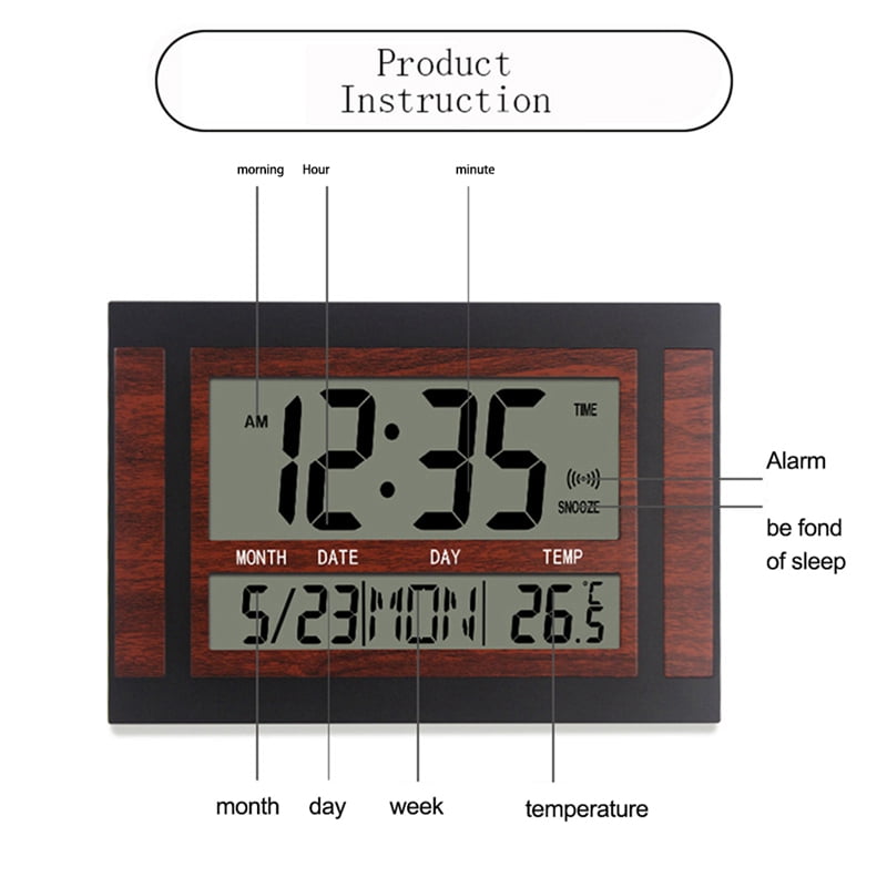 Digital Wall Clock LCD Large Number Time Temperature Calendar Alarm Table Desk Clock Modern Design Office Home Silver