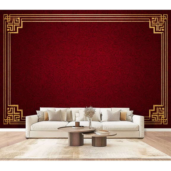 Wallpaper red abstract chinese style gold decoration Peel and Stick Wall Murals 100"H x 144"W Removable PVC Wall Paper Self-Adhesive Wall Paintings Art Decor for Bedroom Living Room