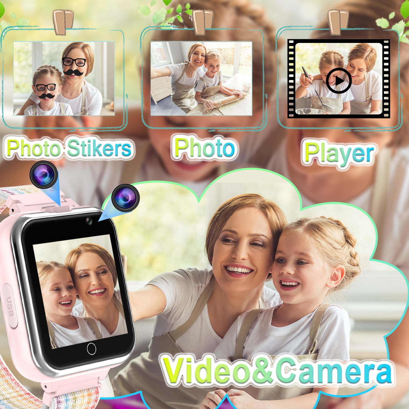 PTHTECHUS 1.54" Smart Watch for Boys Girls Smartwatch for Kids with Dual Camera Games Pedometer Video MP3 Flashlights Calculator Alarm Clock Children Touch Screen Pink