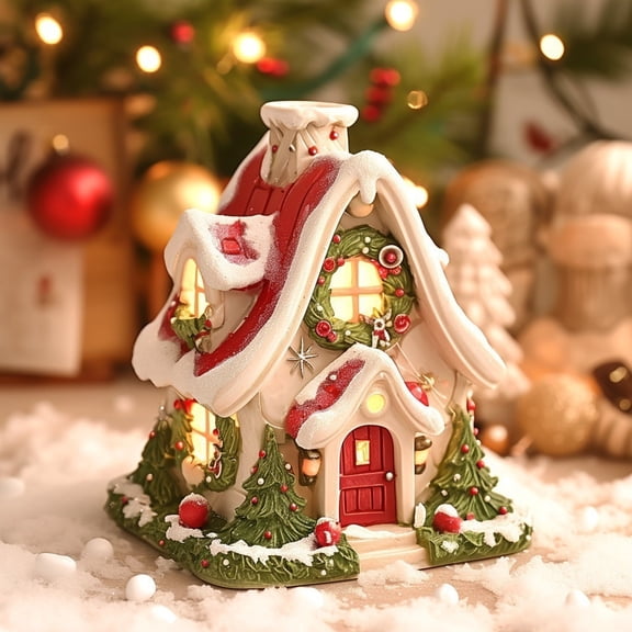 Yaayu Christmas Lighted House, LED Snow Covered Cottage Figurine Glowing Winter Village Decor, Decoration Ornaments for Tabletop Mantel, Christmas