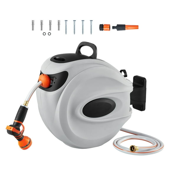 KFFKFF Retractable Hose Reel, 65 ft x 5/8 inch, 180° Swivel Bracket Wall-Mounted, Garden Water Hose Reel with 9-Pattern Nozzle, Automatic Rewind, Lock at Any Length, and Slow Return System