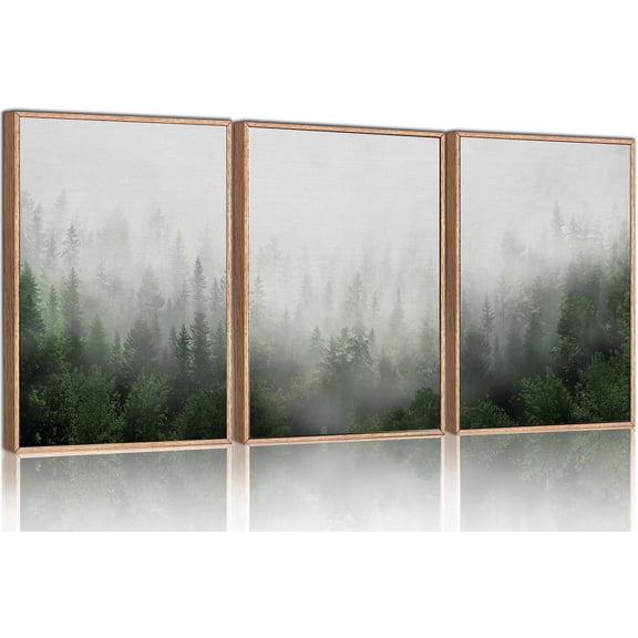 Misty Green Forest Framed Canvas Wall Art Set, Nature Scenery Modern Wall Decor, Foggy Mountain Wall Painting, Woodland Landscape Nursery Art Print for Living Room, Bedroom, Office - 16"x24"x3