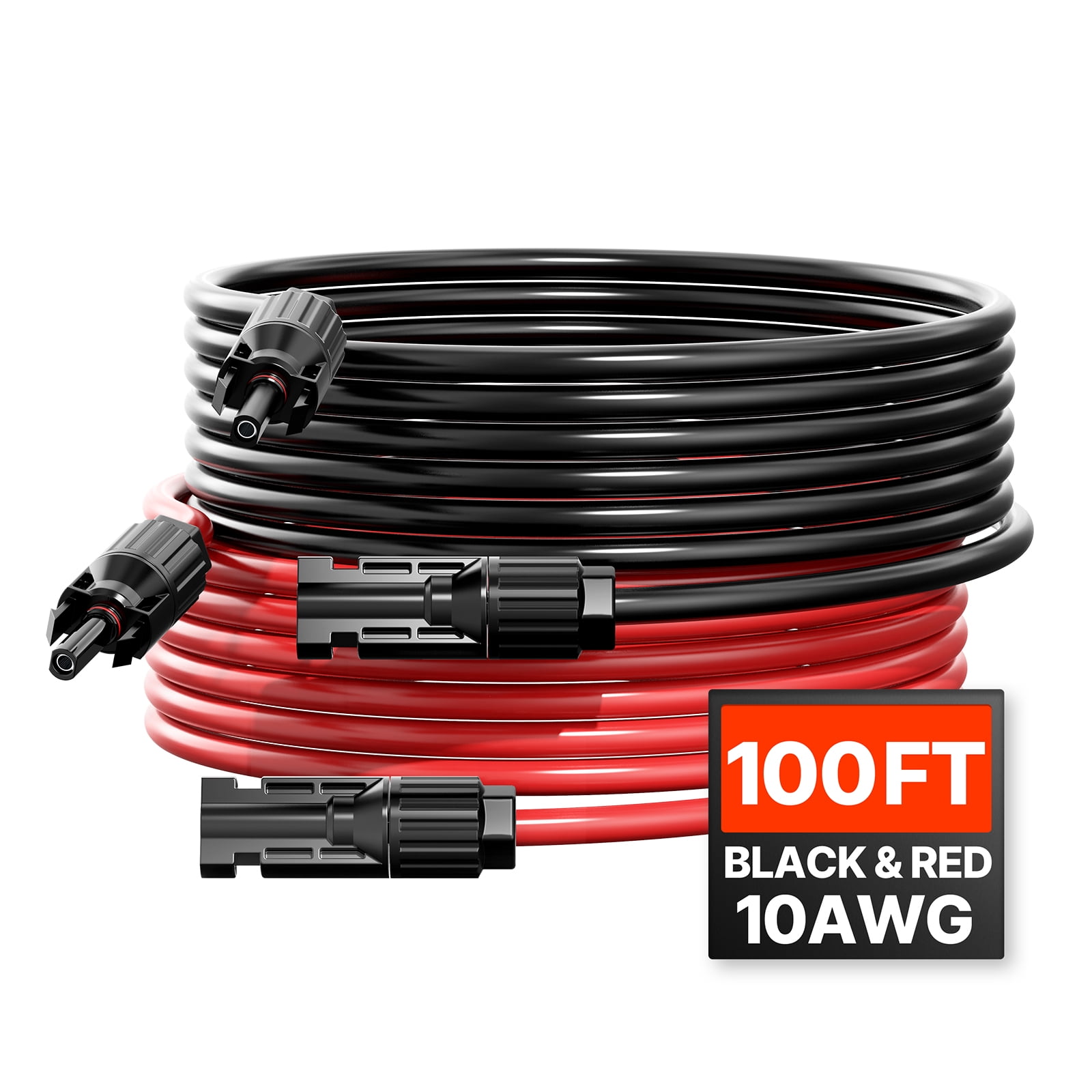 KFFKFF 100FT Solar Panel Extension Cord, 10AWG Solar Cord with Waterproof Male & Female Connectors, 6mm² PV Wire for Residential, Marine and RV Solar Panels, 100FT Black + 100FT Red (Pack of 2)