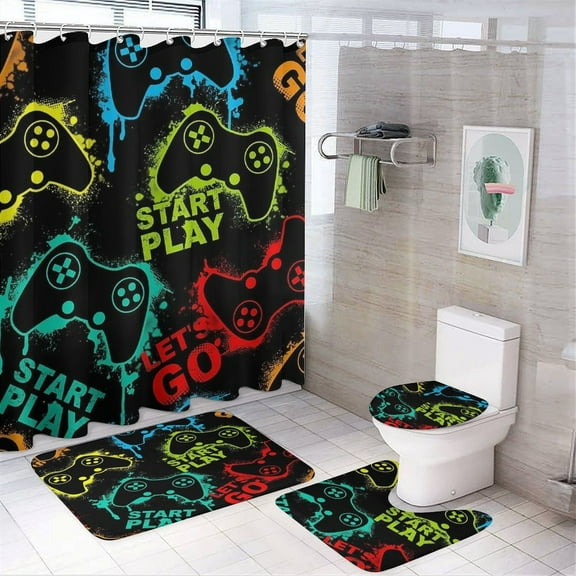 GamePad Shower Curtain Set Modern Bathroom Decor Mats 4pcs Fabric Bathroom Curtain Slip Floor Rug Toilet Lid