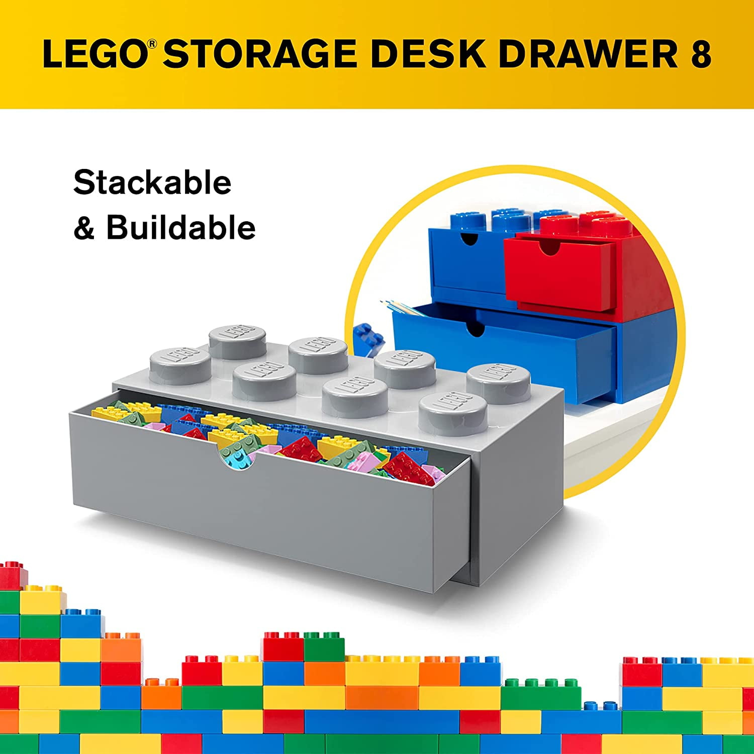 LEGO Desk Drawer Stackable Storage with 8 Knobs, Grey