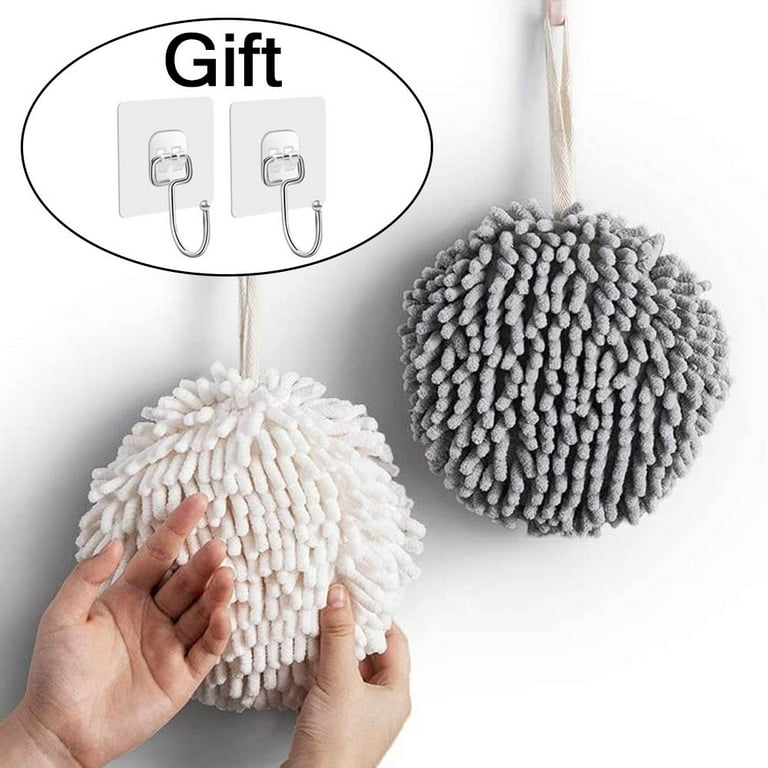 2 Pack Chenille Hanging Hand Towel Ball with Hanging Loops, Soft Absorbent  Microfiber Hand Towels for Bathroom Kitchen, Plush Quick-Drying Hanging