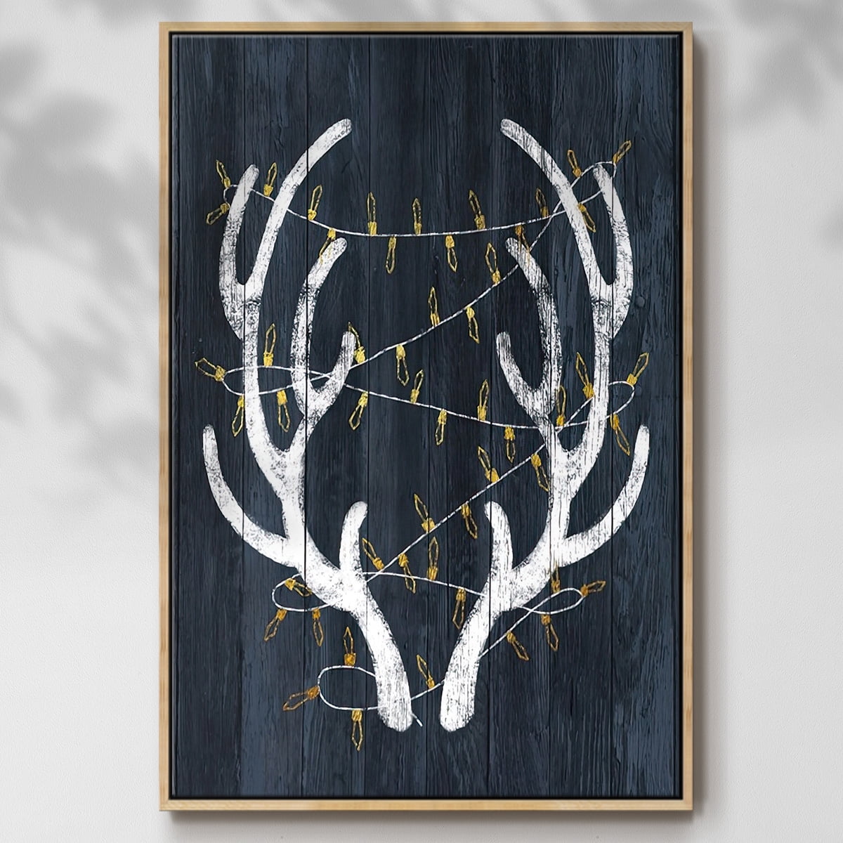 Antlers & Lights - Framed Gallery Wrapped Holiday Canvas - 25 x 37 - Natural Wood Frame
