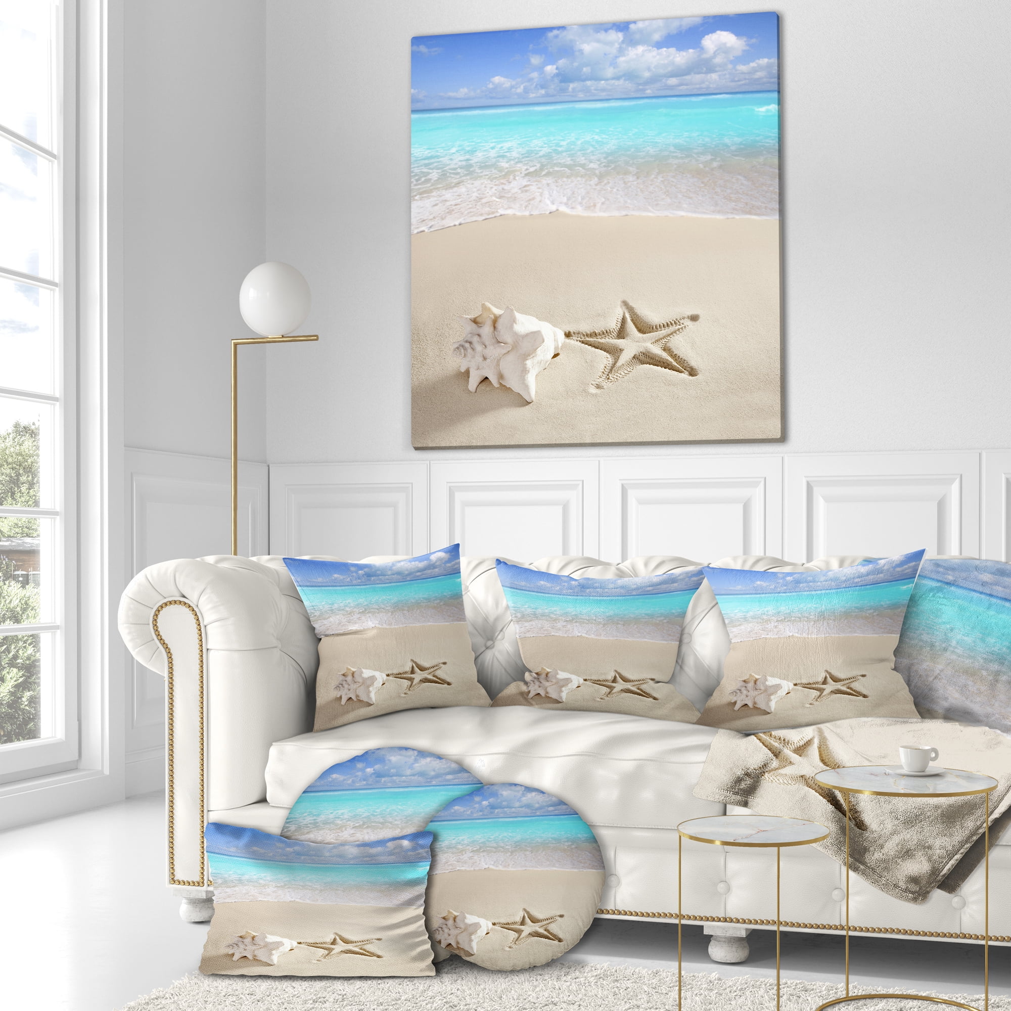 Designart Caribbean Beach Starfish - Beach Photography Throw Pillow - 16x16
