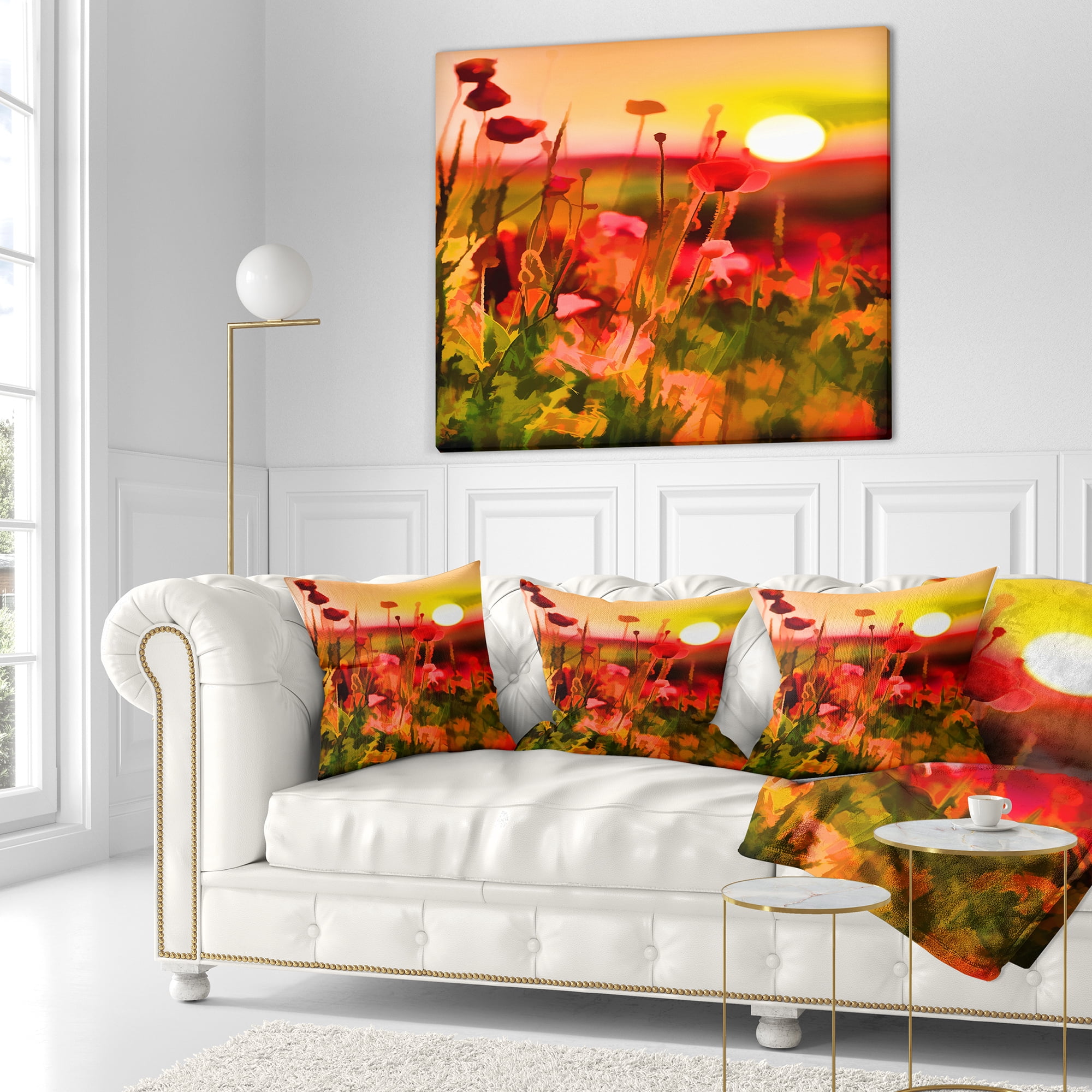 Designart Summer Sunset with Red Poppies - Landscape Printed Throw Pillow - 16x16