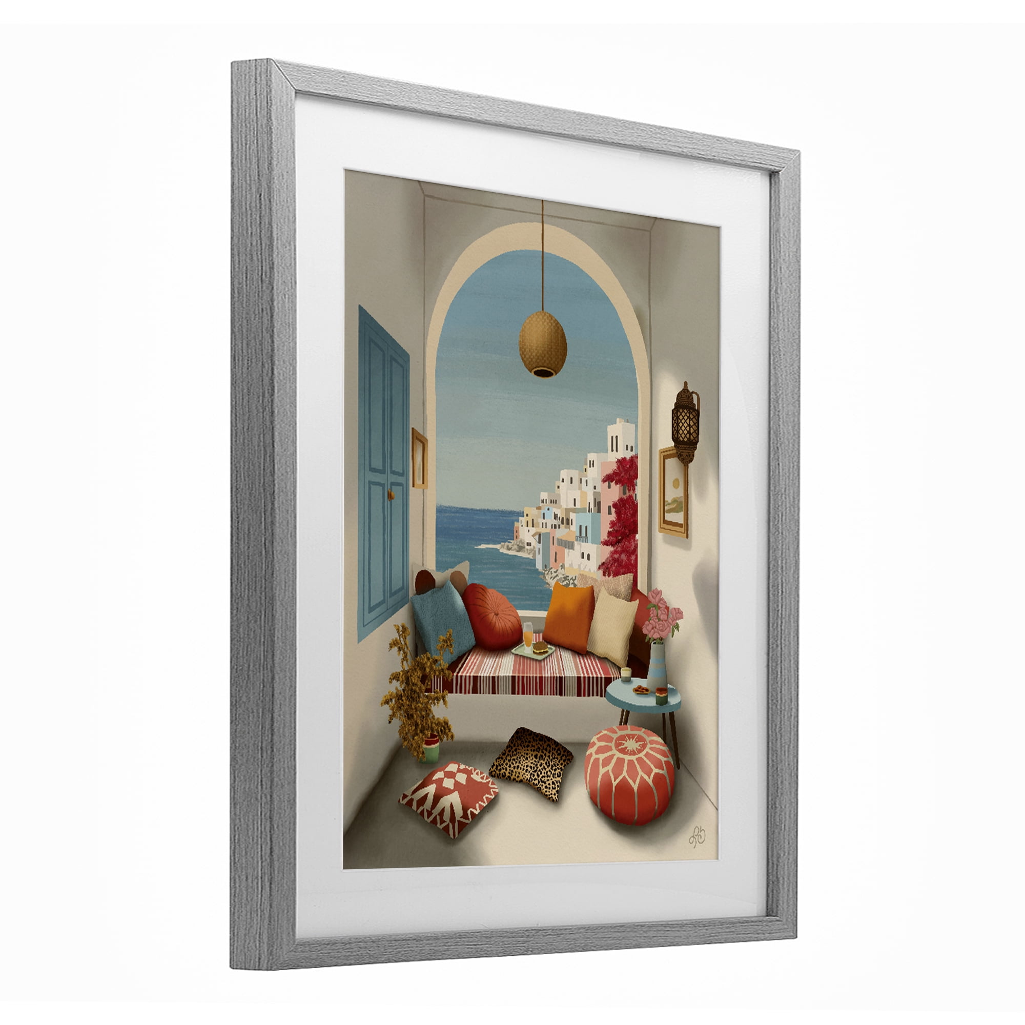 Stupell Industries Mediterranean Seaside Window View Gray Framed Print Under Glass, design by Lisa R Dumm