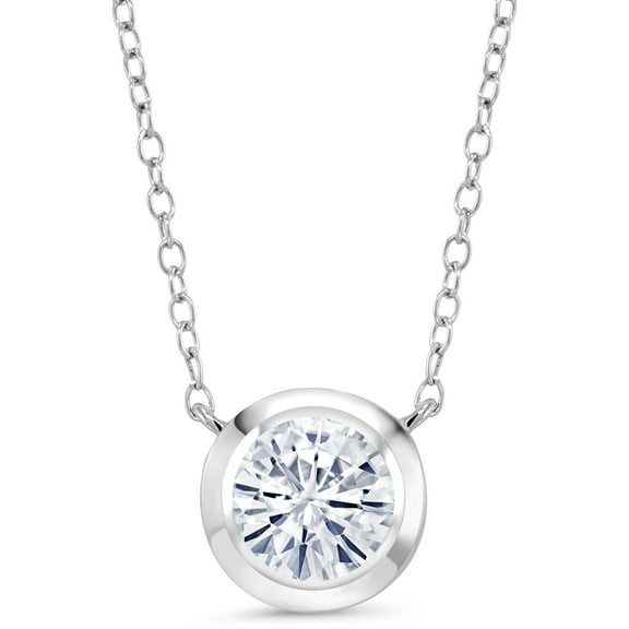 Gem Stone King 925 Sterling Silver White Moissanite Solitaire Pendant Necklace for Women (1.20 Cttw, Round 7MM, with 18 inch Silver Chain)
