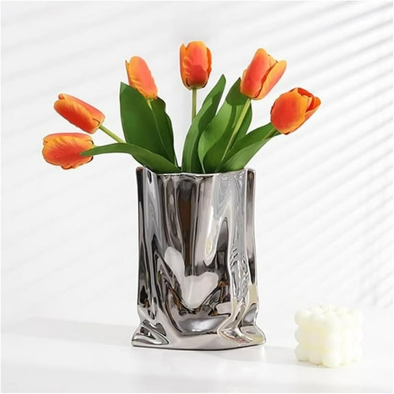 Ceramic Flower Vase, Crinkle Paper Shape, Silver Metal, Decorative Home Accent (Large)