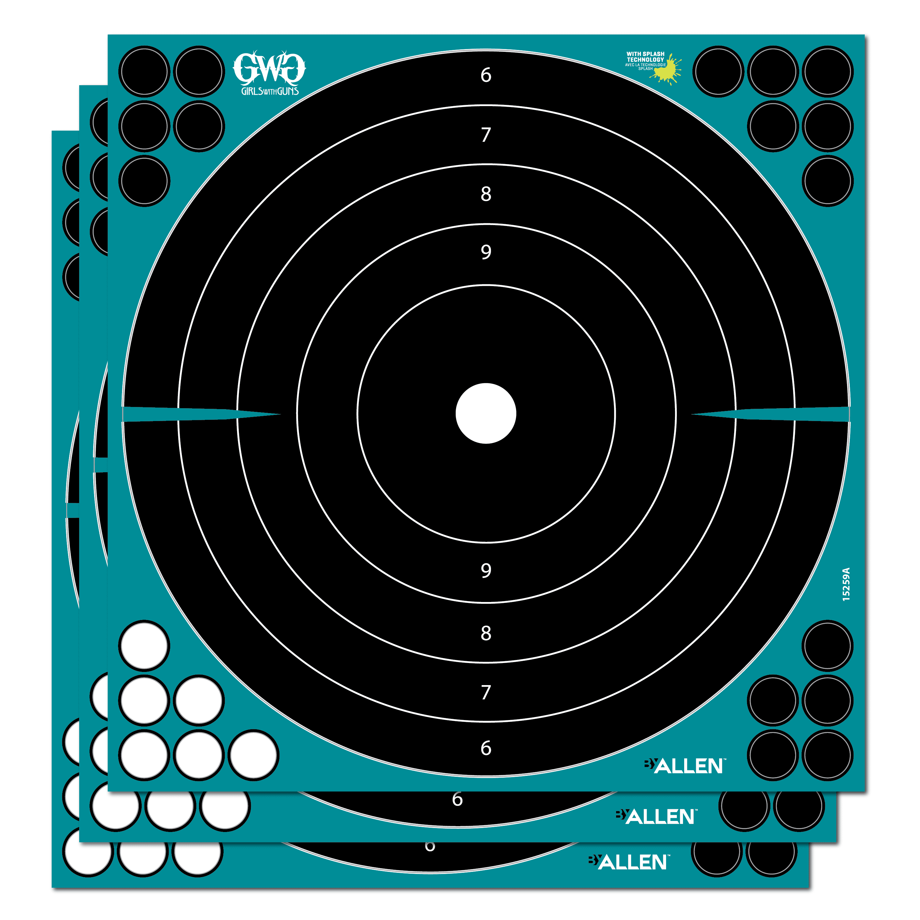 Girls with Guns Adhesive Splash Reactive Paper Shooting Targets, Bullseye, 12.5'W x 12.5'H, 3-Pack, Black/Teal