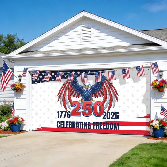 250 Year American Anniversary Flag Garage Door Cover Banner 7 x 8 FT, Eagle Red Blue Garage Door Curtains Backdrop with Grommets for Indoor Outdoor Wall Party Porch Yard Decorations Background