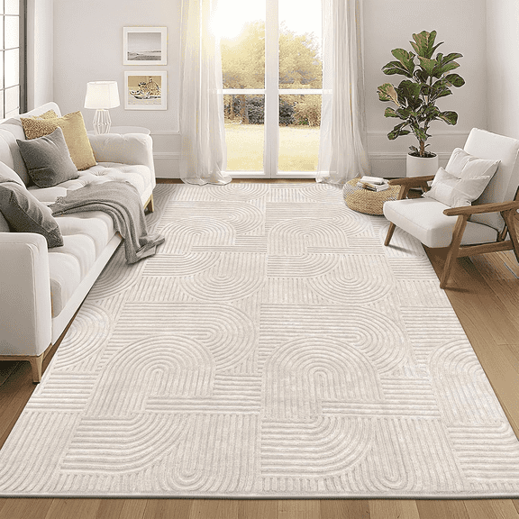 8' x 10' Geometric Beige Area Rug Washable, Durable Non-Slip Indoor Carpet with Soft High-Low Pile, Fluffy Floor Rugs for Living Room, Bedroom, Home Office Décor