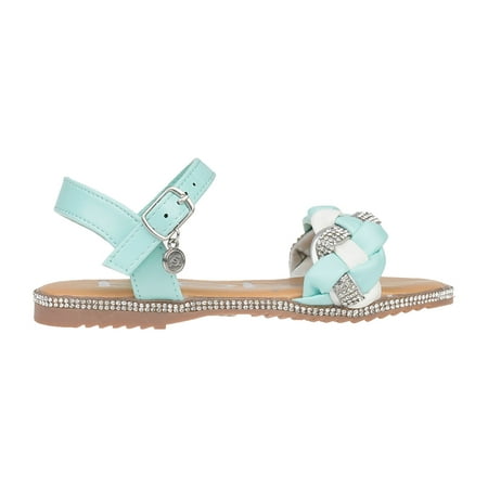 Girl's Studded Leatherette Open-Toe Flat Sandals with Rhinestone and Braided Strap, Mint Size 3