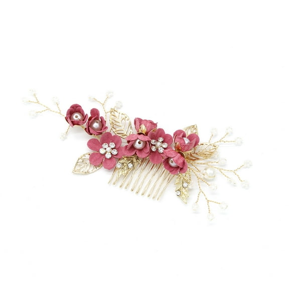 NAMZI Bridal Flower Wedding Hair Pins Crystal Pearl Hair Combs Clips Headpiece Gold Wedding Hair Accessories Jewelry with Rhinestone for Brides Bridesmaids Women Girls (Dark Pink)