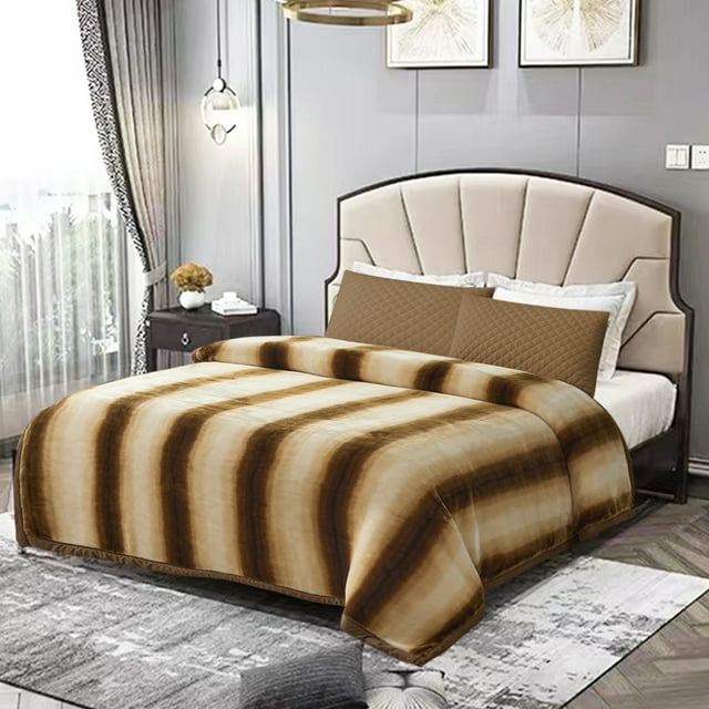 Merry Home Fleece Blanket Queen size, Brown Stripe 10lbs Heavy Korean
