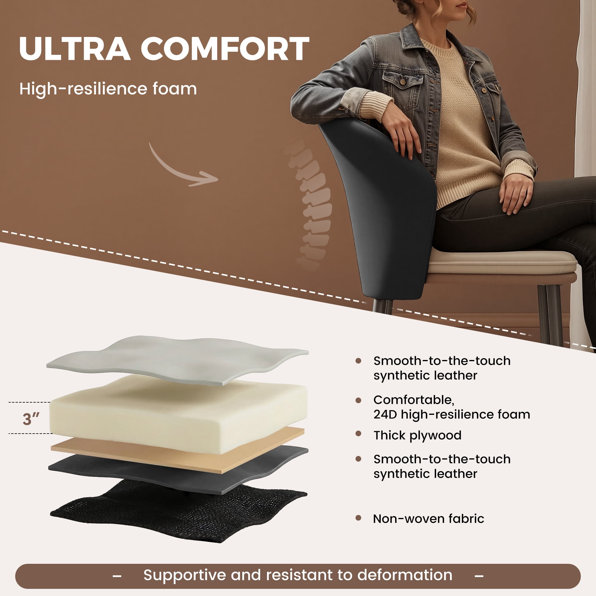 MOONMISS Dining Chairs Set of 2,Faux Leather Ergonomic Backrest Padded Seat Metal Legs Color Block For Kitchen Living Room