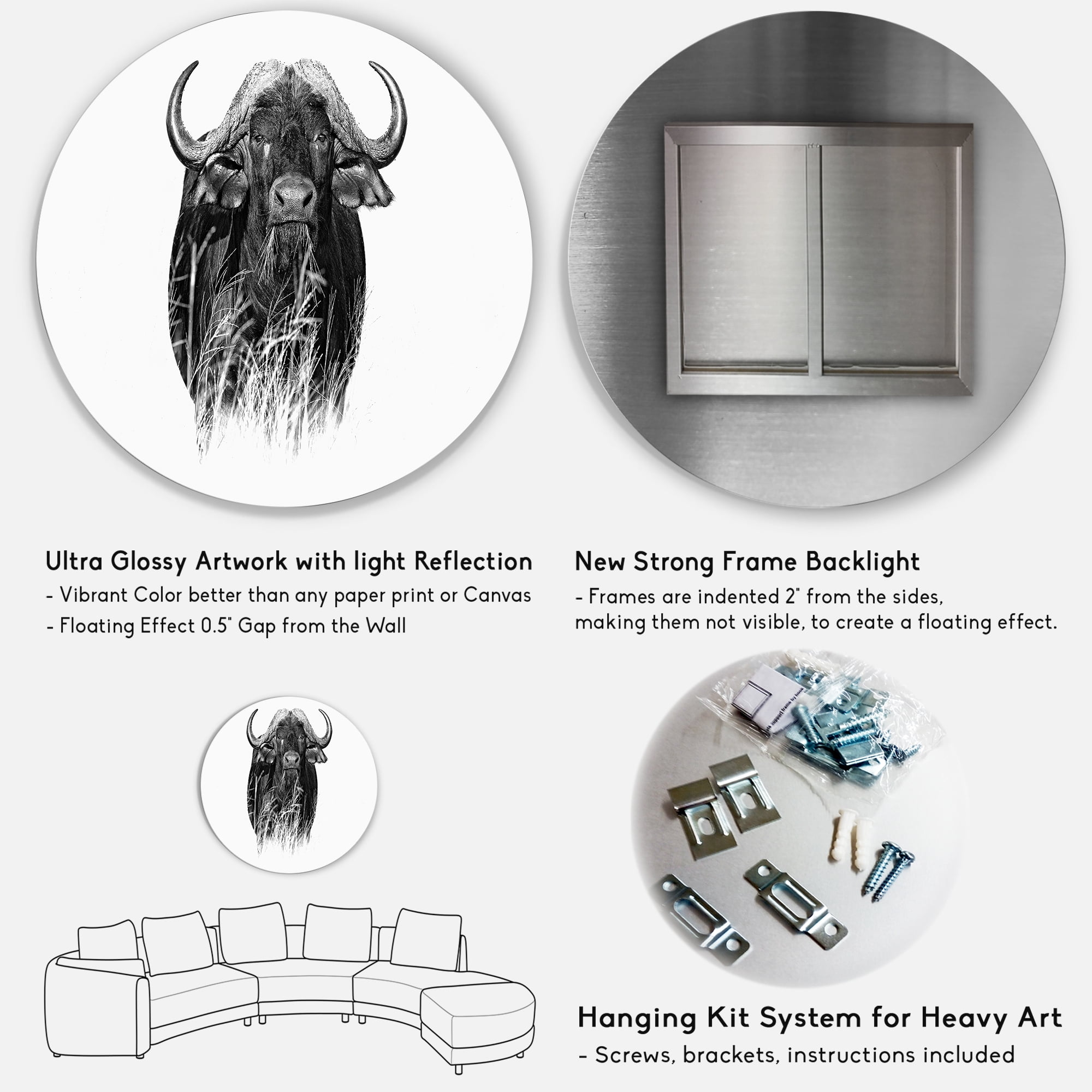 Designart 'Black and White Portrait Of Buffalo IV' Farmhouse Circle Metal Wall Art 36x36 - Disc of 36