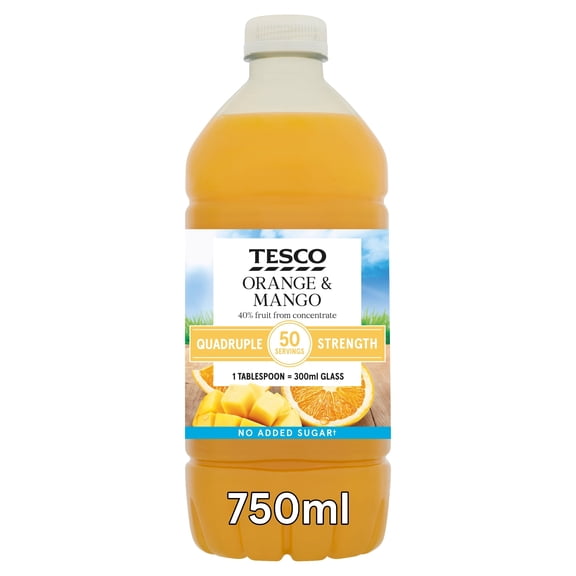 Tesco Quadruple Strength Orange & Mango Squash No Added Sugar 750Ml, Imported from Britain