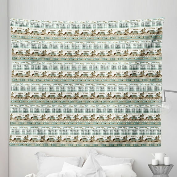 Ethnic Tapestry, Abstract Composition with Triangles Elephants Fish and Birds, Fabric Wall Hanging Decor for Bedroom Living Room Dorm, 5 Sizes, Pale Teal and Multicolor, by Ambesonne