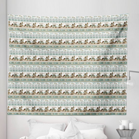 Ethnic Tapestry, Abstract Composition with Triangles Elephants Fish and Birds, Fabric Wall Hanging Decor for Bedroom Living Room Dorm, 5 Sizes, Pale Teal and Multicolor, by Ambesonne