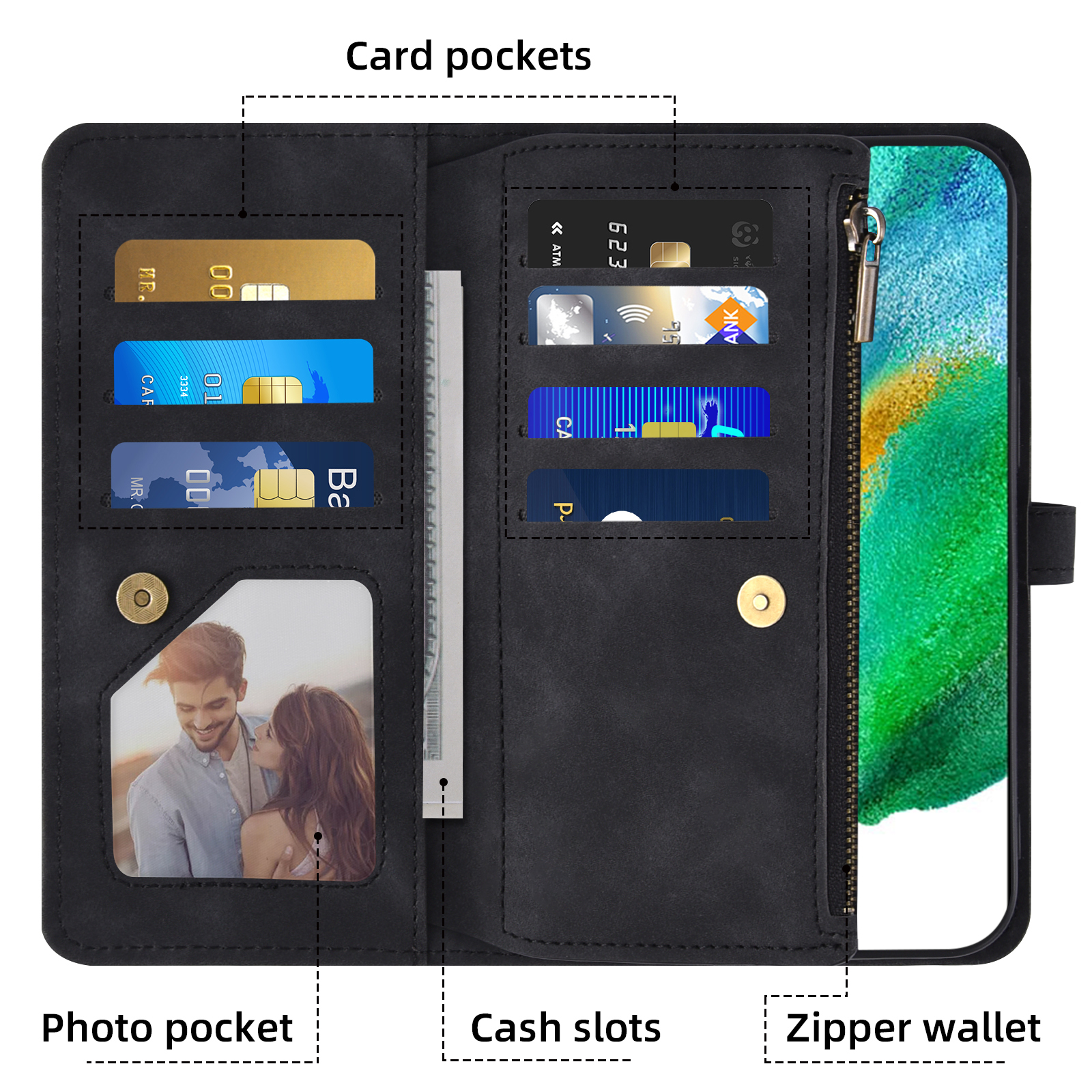 Asuwish Phone Case for Samsung Galaxy S21 FE 5G Wallet Cover With Tempered Glass Screen Protector Wrist Strap Flip Pattern Zipper Card Holder Cell S 21 EF S21FE5G UW S21FE 21S G5 6.4 inch Women Black