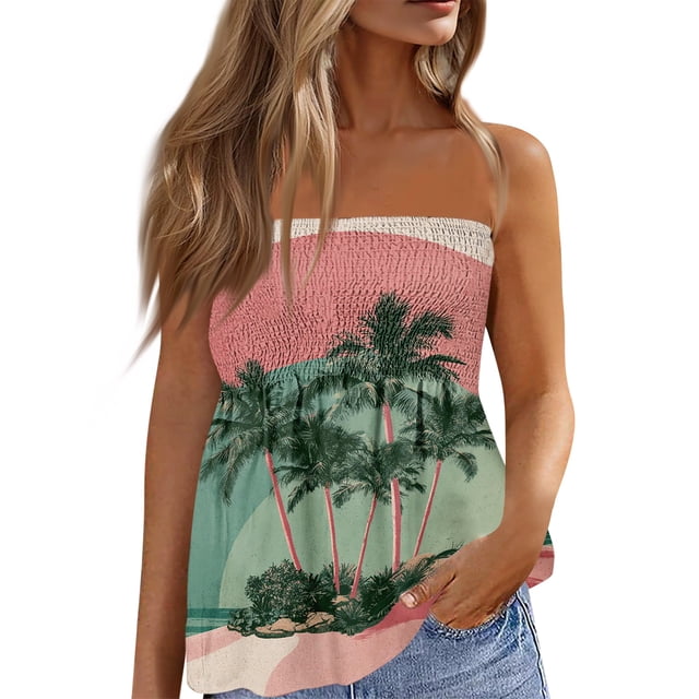 OIOLOYJM Tube Tops for Women Summer Bandeau Strapless Palm Tree Peplum Top Backless Vacation Ruffle Party Shirts Pink S