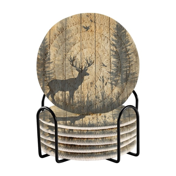 WOBOGO Forest Deer Shadow Coil Coasters Set of 6 Minimalist Cotton Woven 3.94 inch Non-Slip Insulated and Absorbent Home Accessories.