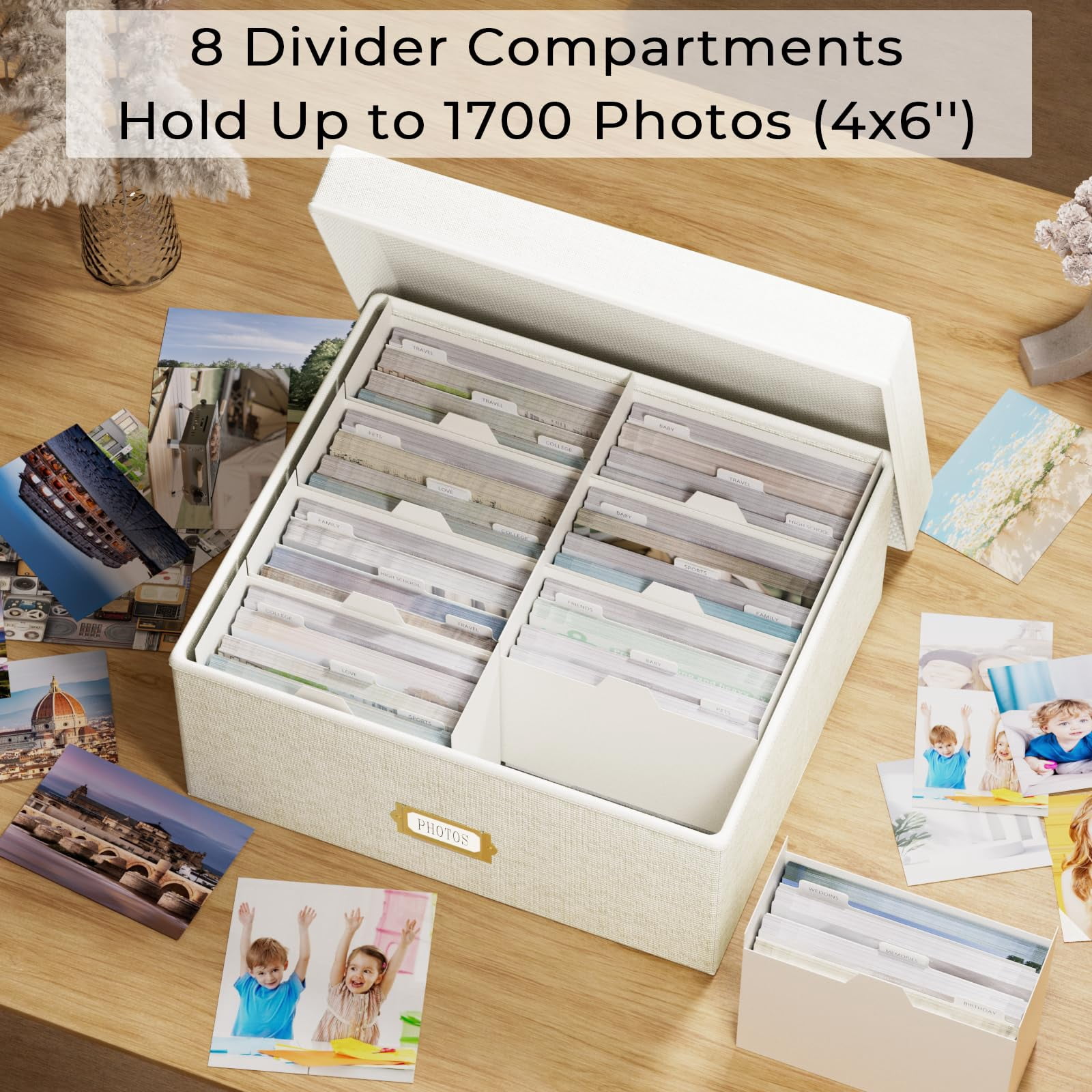 Decorative Photo Storage Box - Linen Organizer With Dividers  Fits Holds Up To 1700 Pictures And 4x6 Photos Memory Keepsake For Scrapbook Supplies Cards (beige)