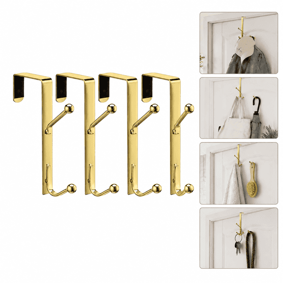 Over The Door Double Hooks 4 Pack, Heavy Duty Metal Twin Hooks with Non-Slip Rubber, Gold Door Hangers for Clothes Towels Coats Bags, Bathroom Bedroom Kitchen Use