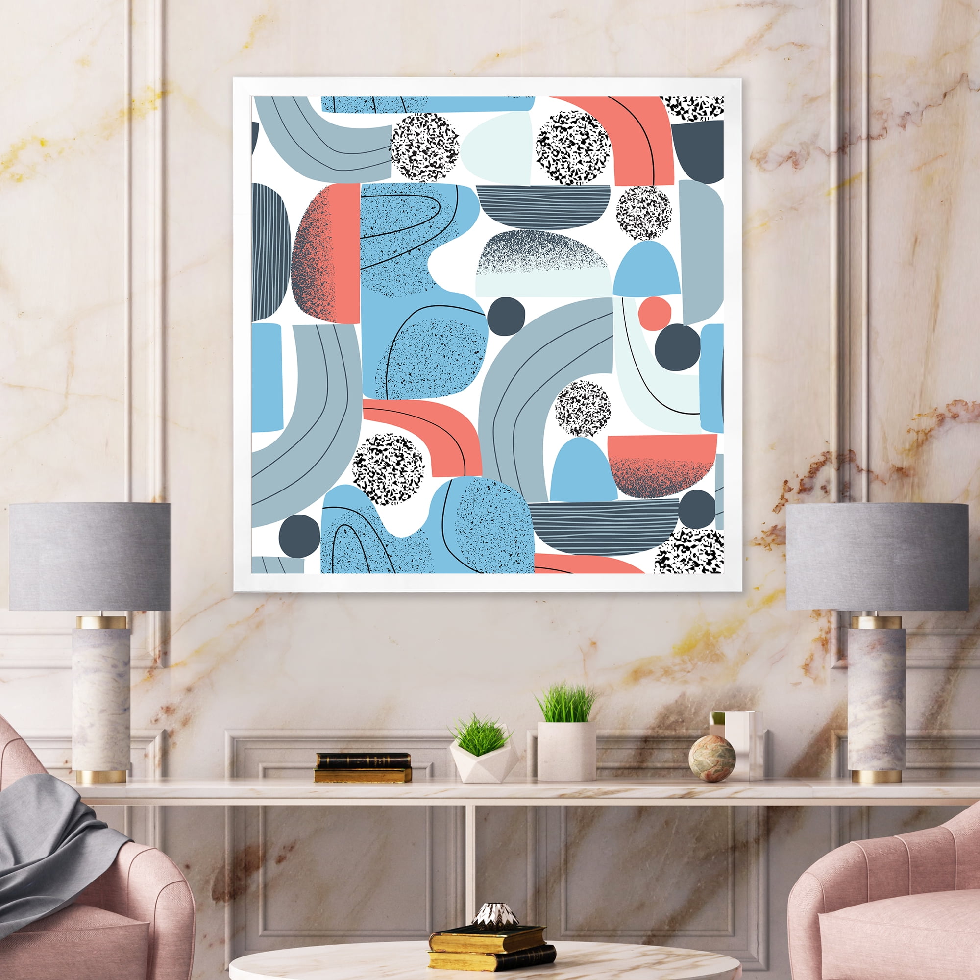 Designart 'Retro Shapes With Abstract Moons and Suns II' Modern Framed Art Print