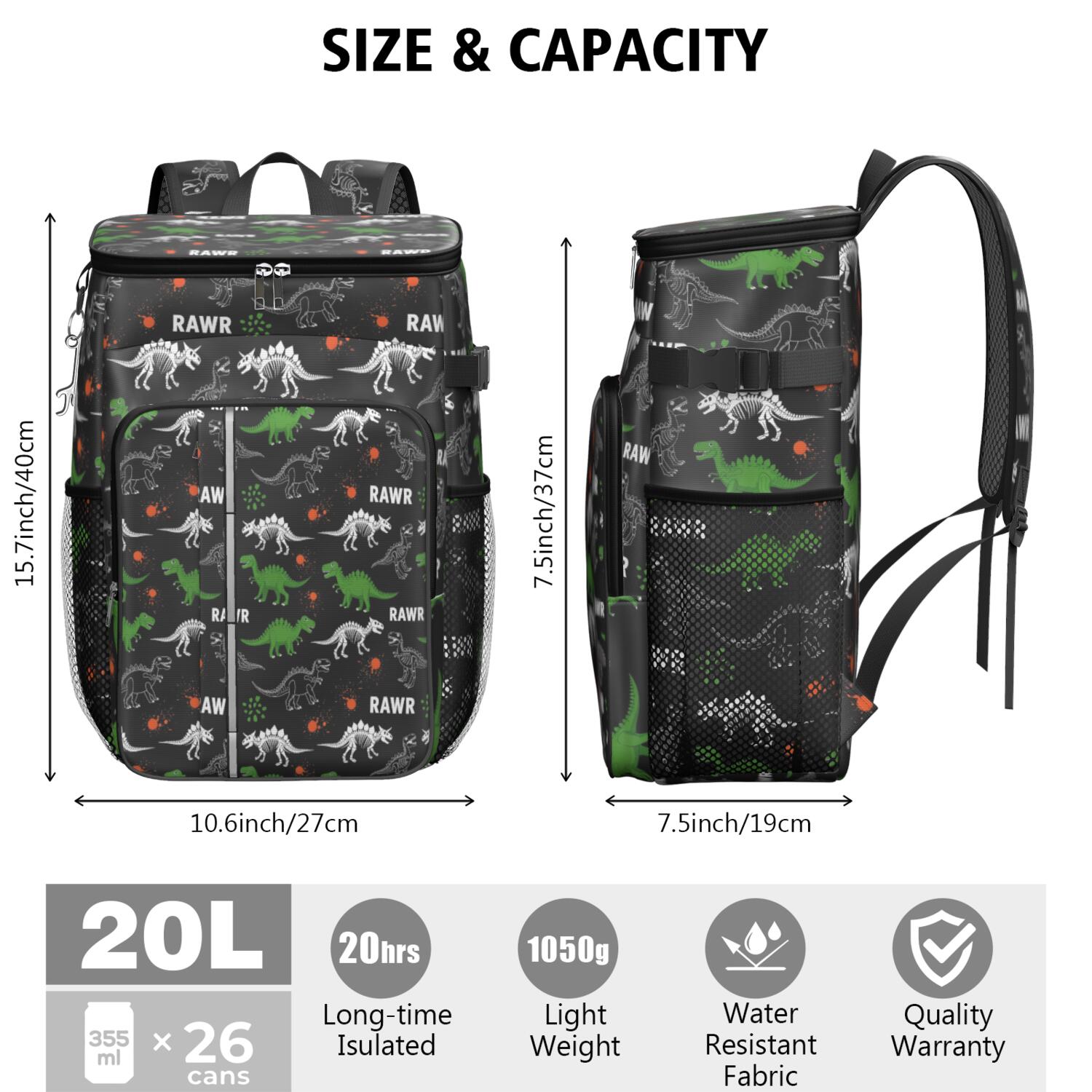 Travel Cooler Bag - Black Cartoon Dinosaurs Rawr Pattern Camping Beer Cooler Backpack with Bottle Opener- Waterproof Insulated Picnic Backpacks - Cooler Bag for Beach