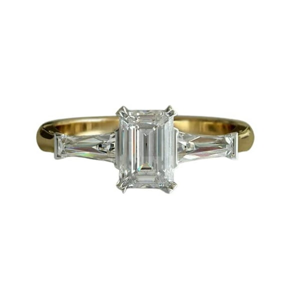 HeartsAndYou 2ct Emerald Moissanite Engagement Ring for Women Baguette Accent Trilogy 18k Yellow Gold over Silver