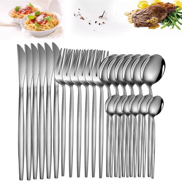 Myvit Juego de Cubiertos Negro y Dorado Juego Flatware de Cubiertos de Acero Inoxidable de 24 Piezas, Cuchillos, Tenedor, Cuchara, Servicio de Vajilla para 6
