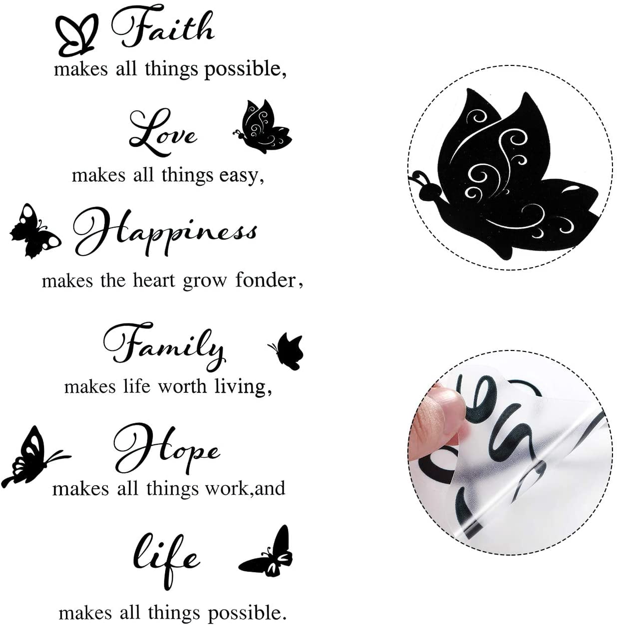 QTH 6 Pieces Vinyl Wall Decals, Faith Makes All Things Possible, Family Wall Decals Wall Stickers Quotes Inspirational Decals, Motivational Wall Quote Sayings Stickers Butterfly